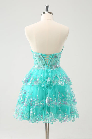 Cute Glitter Green A Line Strapless Sequined Tiered Corset Homecoming Dress